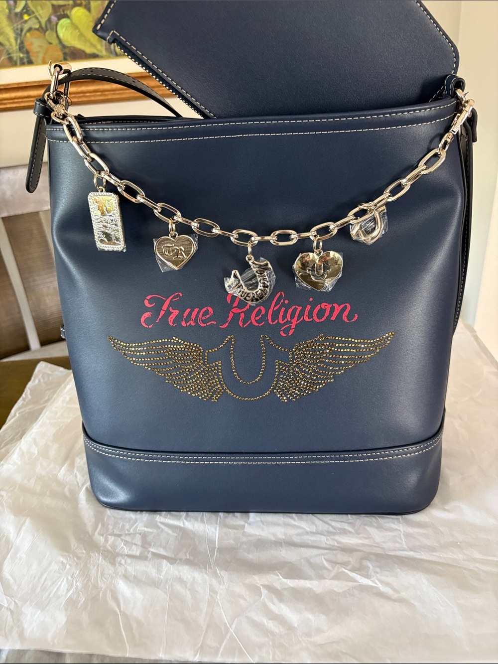 True Religion Faux Navy Leather Charm Shoulder Bag - Picture 2 of 13